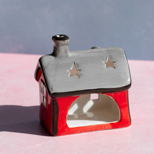 Small Red & Grey House Shaped Ceramic Tea Light Candle Holder