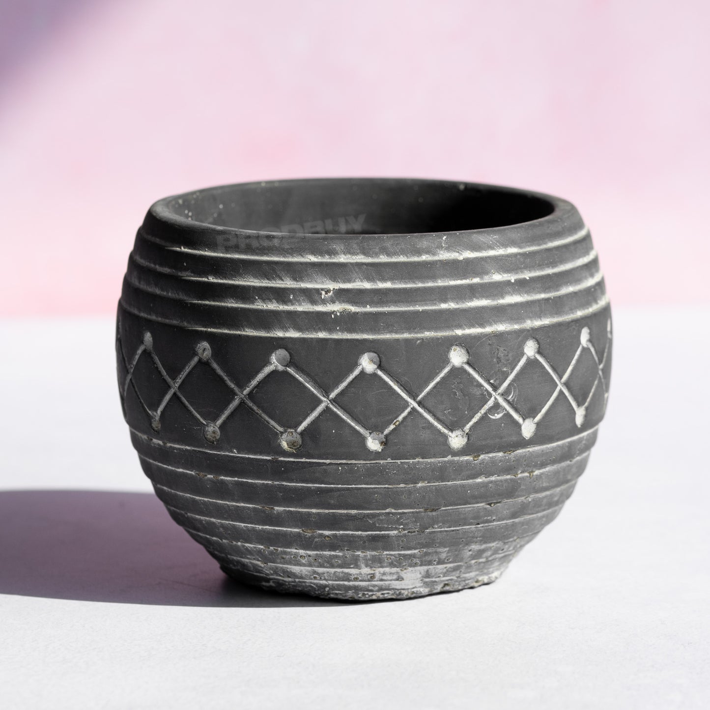 Small 9cm Plant Pot with Dark Grey Aztec Style Stone Ceramic Design