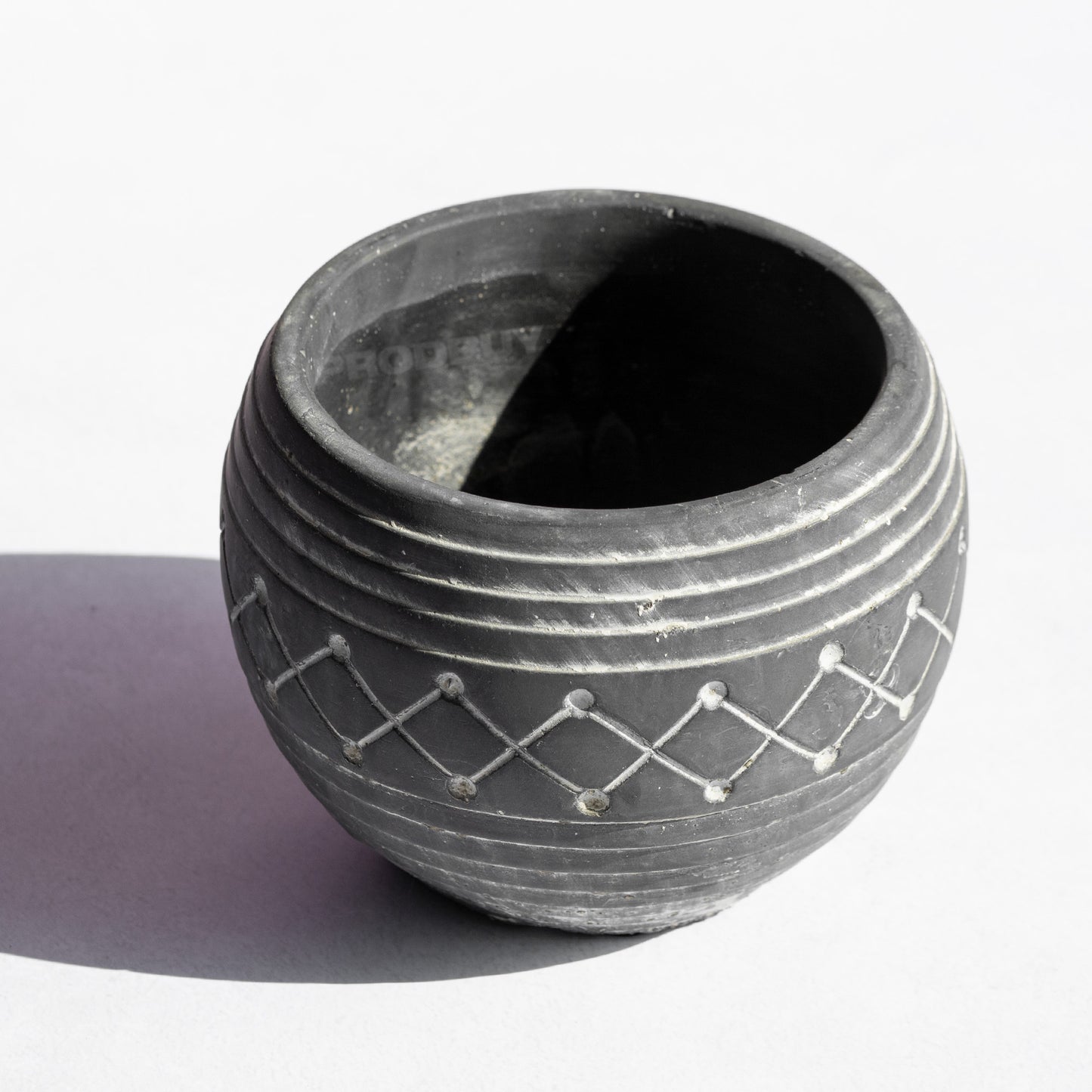 Small 9cm Plant Pot with Dark Grey Aztec Style Stone Ceramic Design