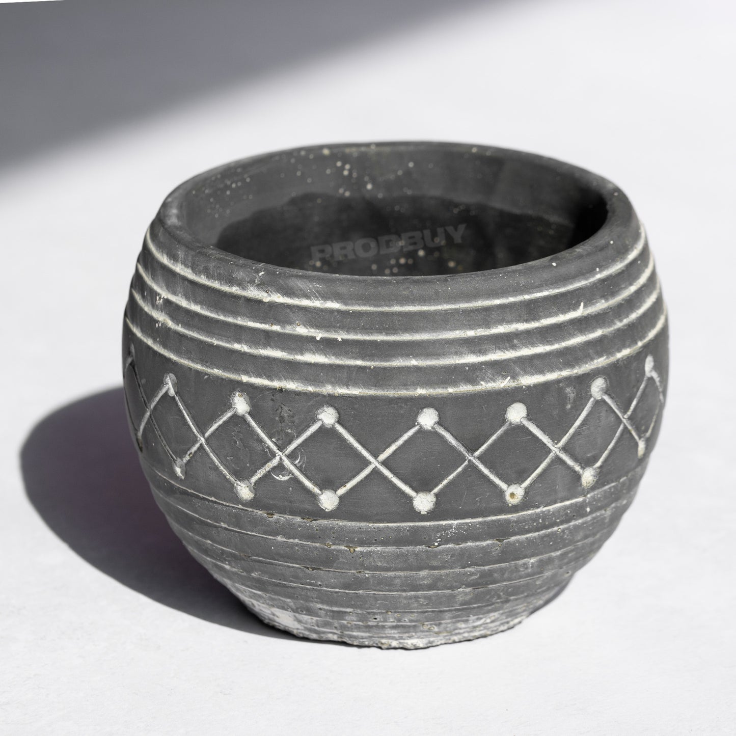 Small 9cm Plant Pot with Dark Grey Aztec Style Stone Ceramic Design