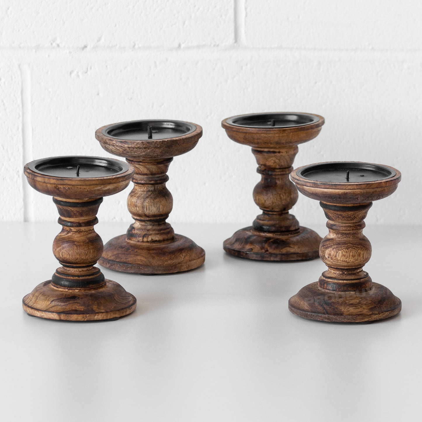 Set of 4 Short Wooden Pillar Candle Holders