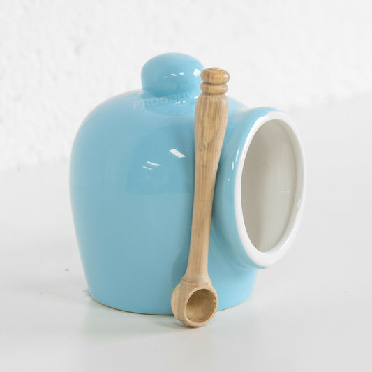 Small Blue Salt Pig with Wooden Spoon