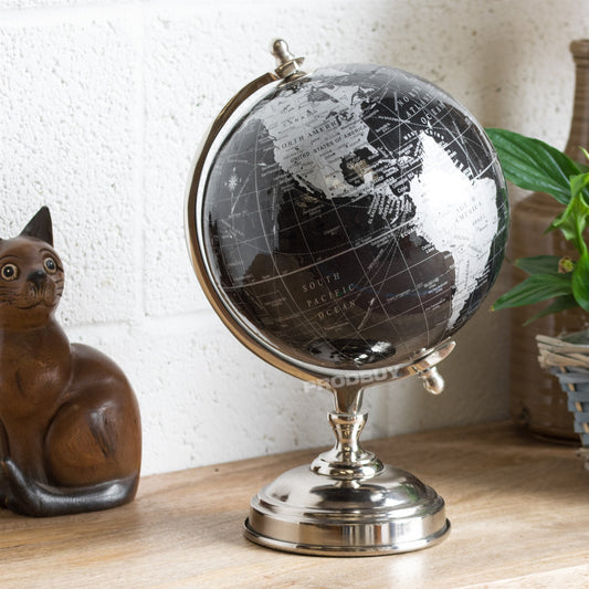 33cm Tall Black and Silver World Globe Home Decoration