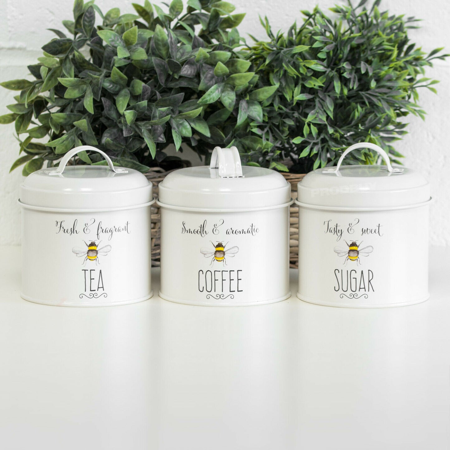Set of 3 'Bee Happy' Tea Coffee Sugar Canisters