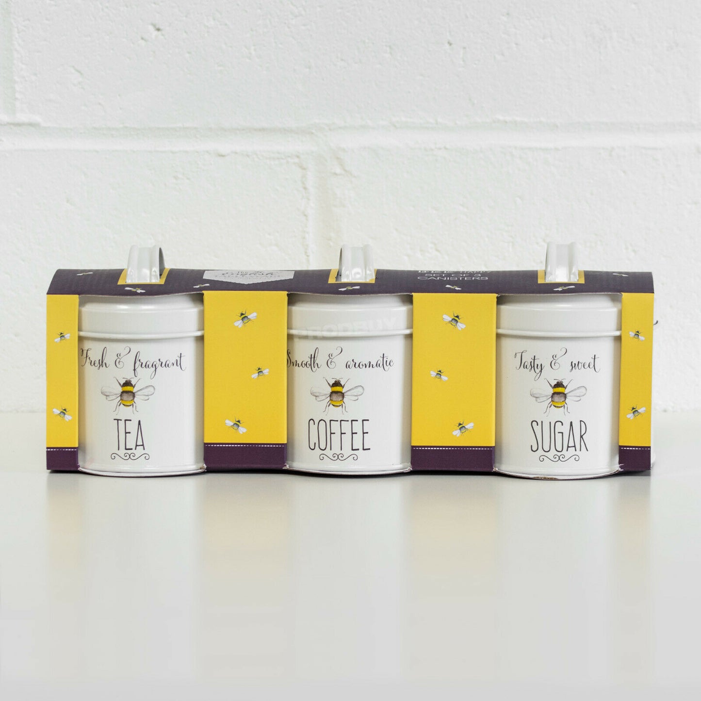 Set of 3 'Bee Happy' Tea Coffee Sugar Canisters