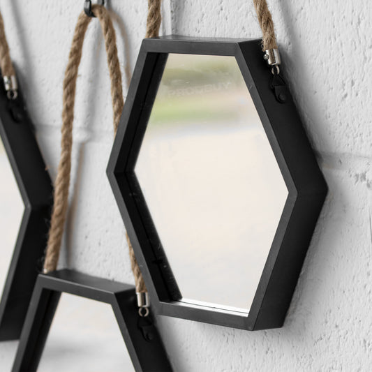 Set of 3 Small Hexagonal Black Rope Wall Mirrors
