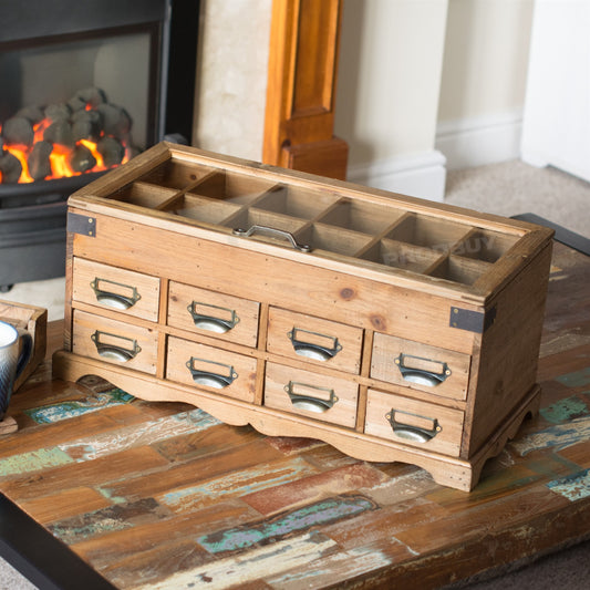 Vintage Wooden Jewellery Box 55cm Glass Display Unit with Drawers Storage Chest