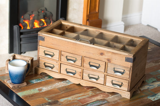 Vintage Wooden Jewellery Box 55cm Glass Display Unit with Drawers Storage Chest