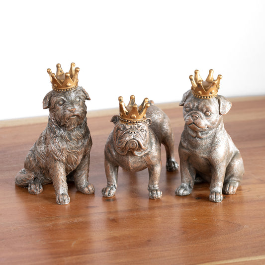 Set of 3 Small Resin Dog Ornaments with Gold Crowns