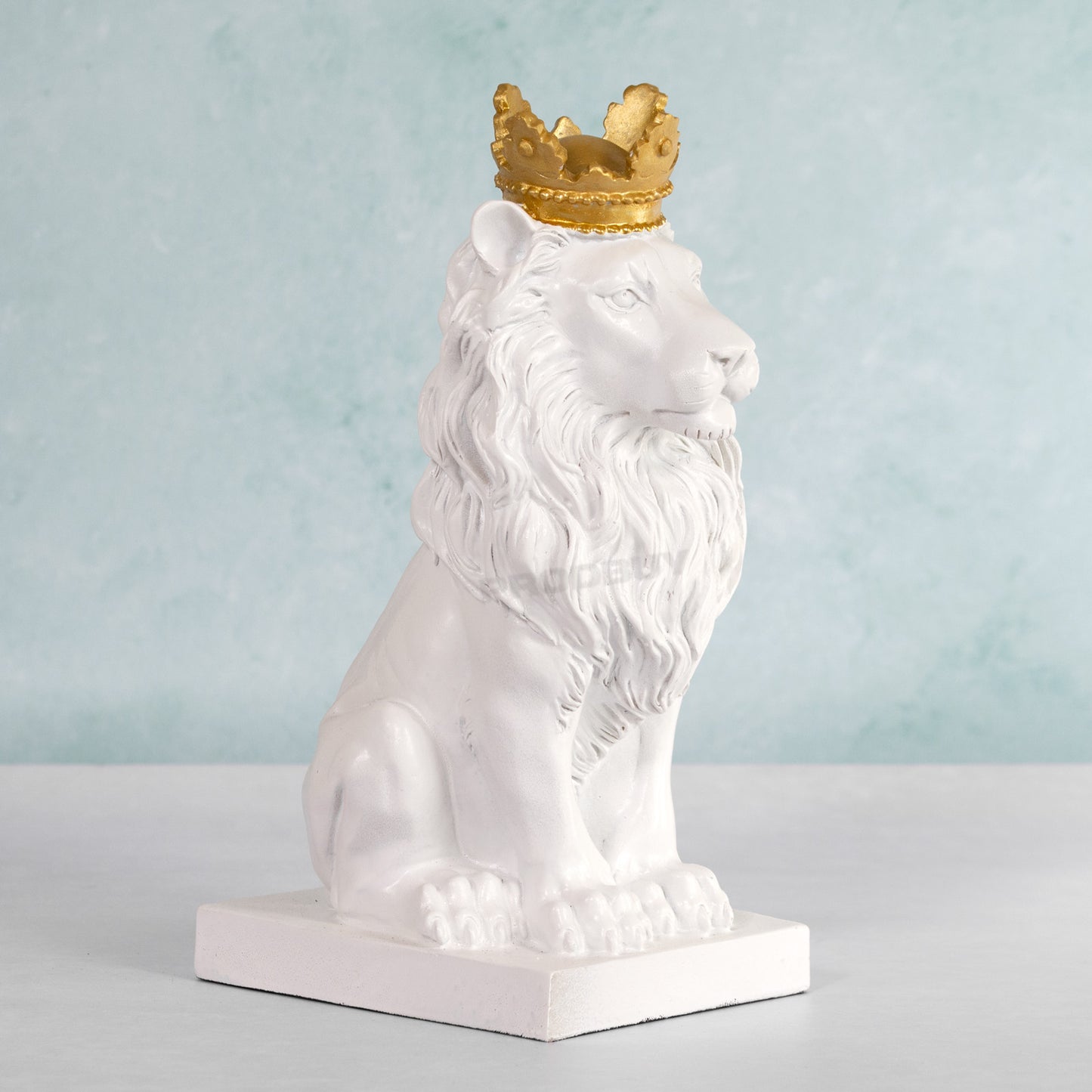 Sitting White Lion with Gold Crown 28cm Tall Ornament