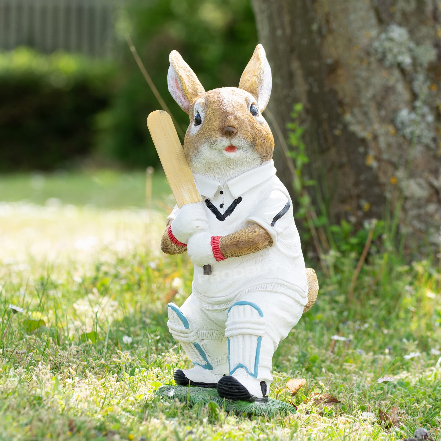 Rabbit Playing Cricket 32cm Resin Garden Lawn Ornament Sculpture