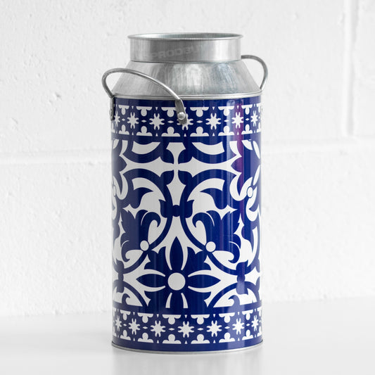 Blue & White 33cm Galvanised Milk Churn Flower Pot Vase