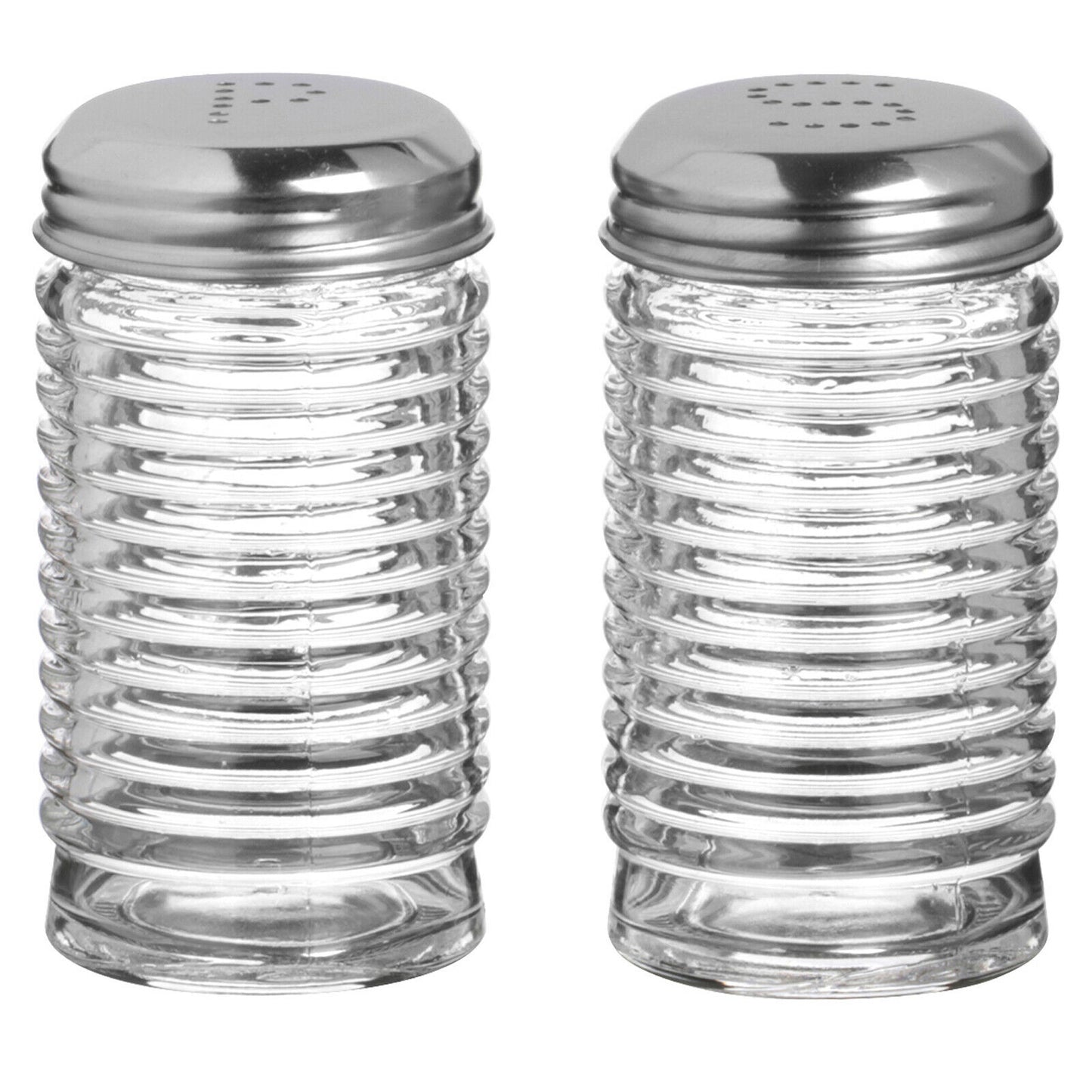 Novelty Ribbed Glass Salt and Pepper Pots Shakers Dispensers Condiment Set Cafe