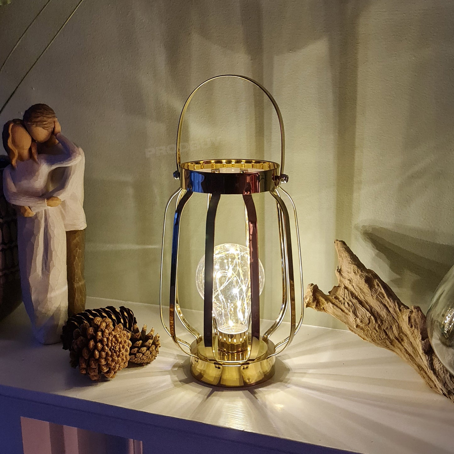 LED Battery Operated Gold Table Lantern Lamp