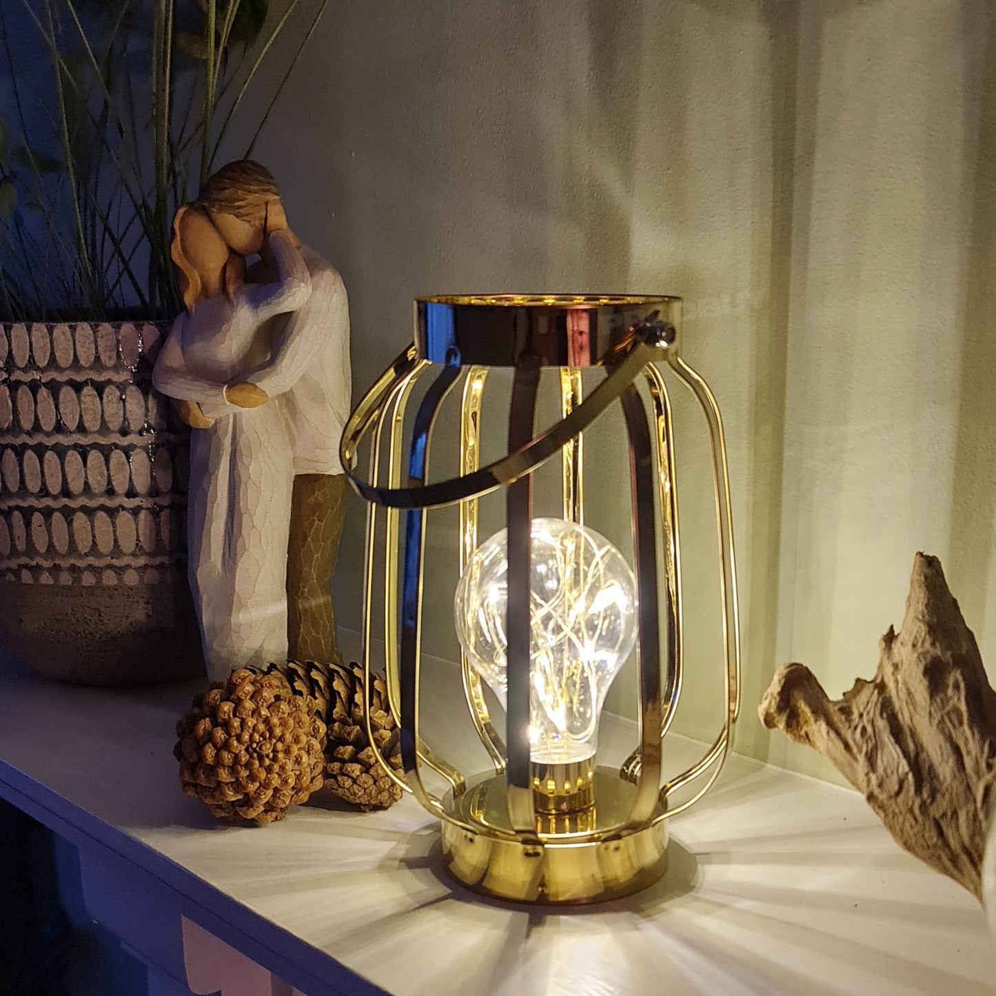 LED Battery Operated Gold Table Lantern Lamp