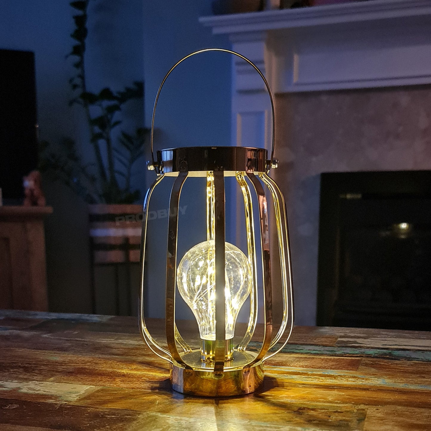 LED Battery Operated Gold Table Lantern Lamp