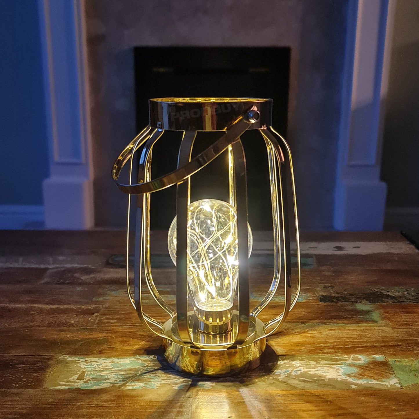 LED Battery Operated Gold Table Lantern Lamp