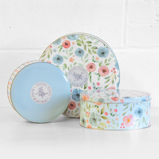 Set of 3 Country Floral Round Cake Storage Sweet Tins Carriers Caddies Biscuit