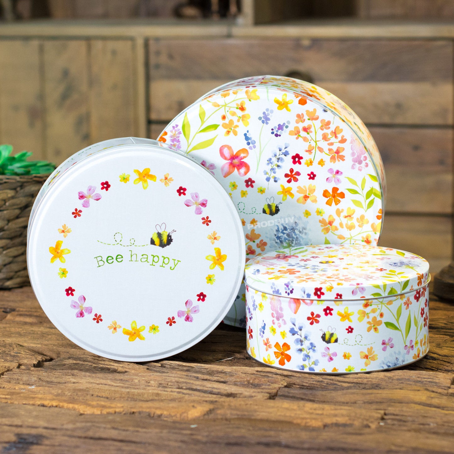 Set of 3 Bee Happy Round Floral Cake Storage Tins