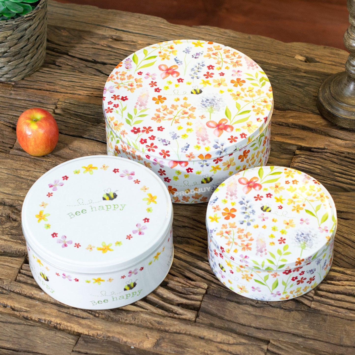 Set of 3 Bee Happy Round Floral Cake Storage Tins