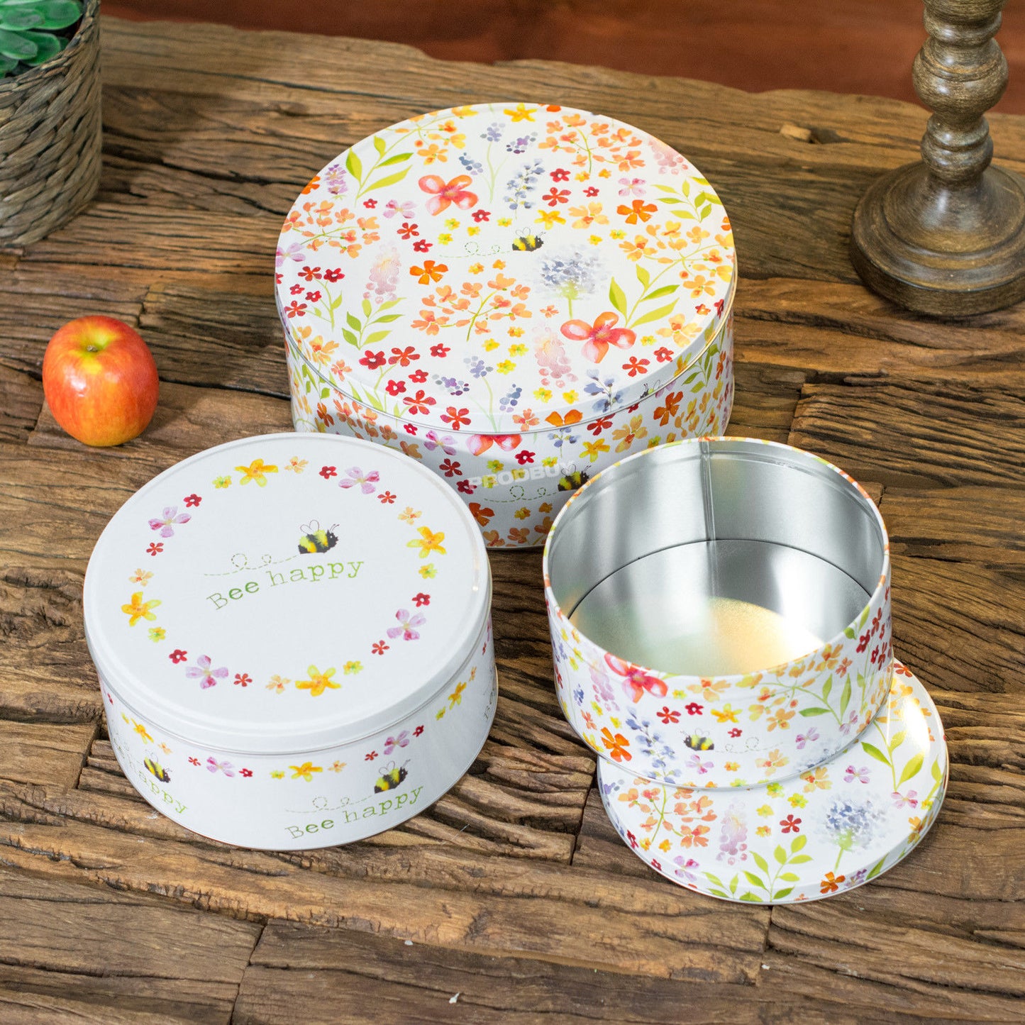 Set of 3 Bee Happy Round Floral Cake Storage Tins