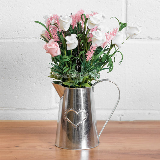 Indoor Artificial Bouquet Roses Flowers in Metal Heart Jug Vase Pot Wedding Home