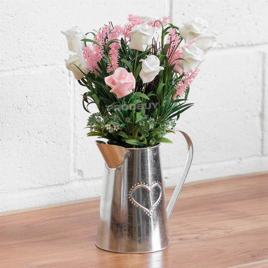 Indoor Artificial Bouquet Roses Flowers in Metal Heart Jug Vase Pot Wedding Home