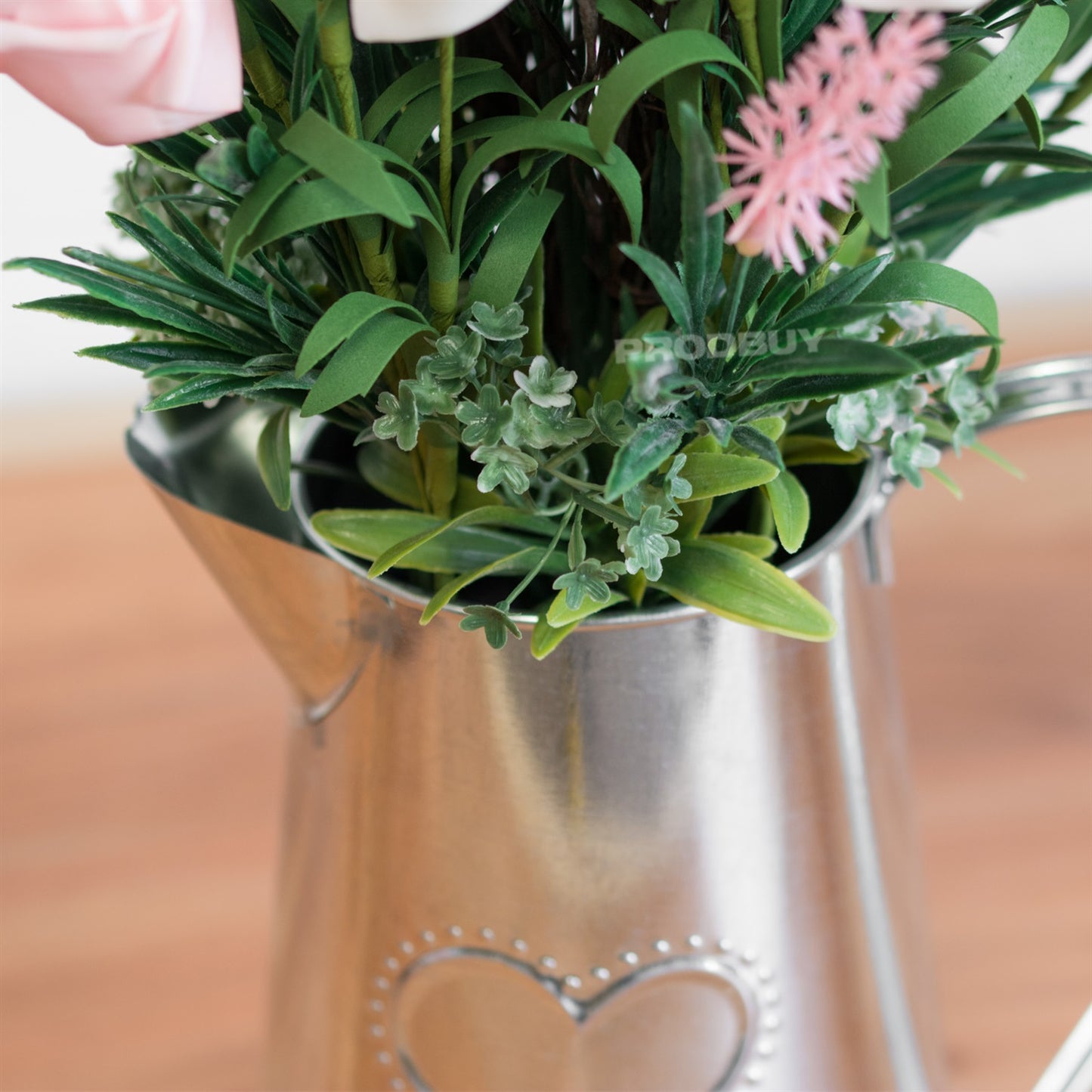 Indoor Artificial Bouquet Roses Flowers in Metal Heart Jug Vase Pot Wedding Home