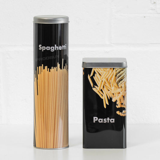 2 Piece Black Pasta & Spaghetti Storage Canisters Set Tins Jars Containers Lids