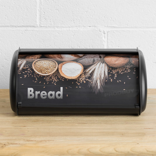 Large Black Metal Bread Bin Roll Top Lid Box Tin Kitchen Storage Container Crock