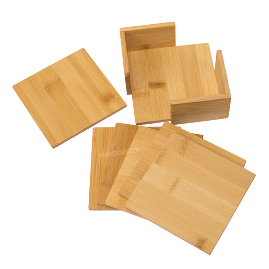 Set of 6 Square Bamboo Drinks Coasters & Holder