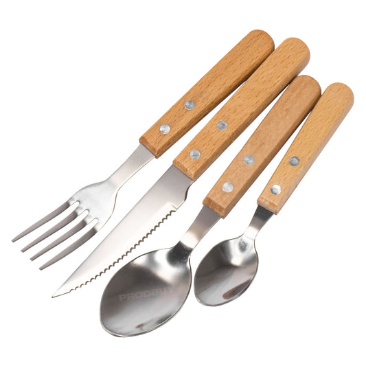 16 Piece Stainless Steel Cutlery Set Vintage Wooden Handles Picnic Camping Spoon