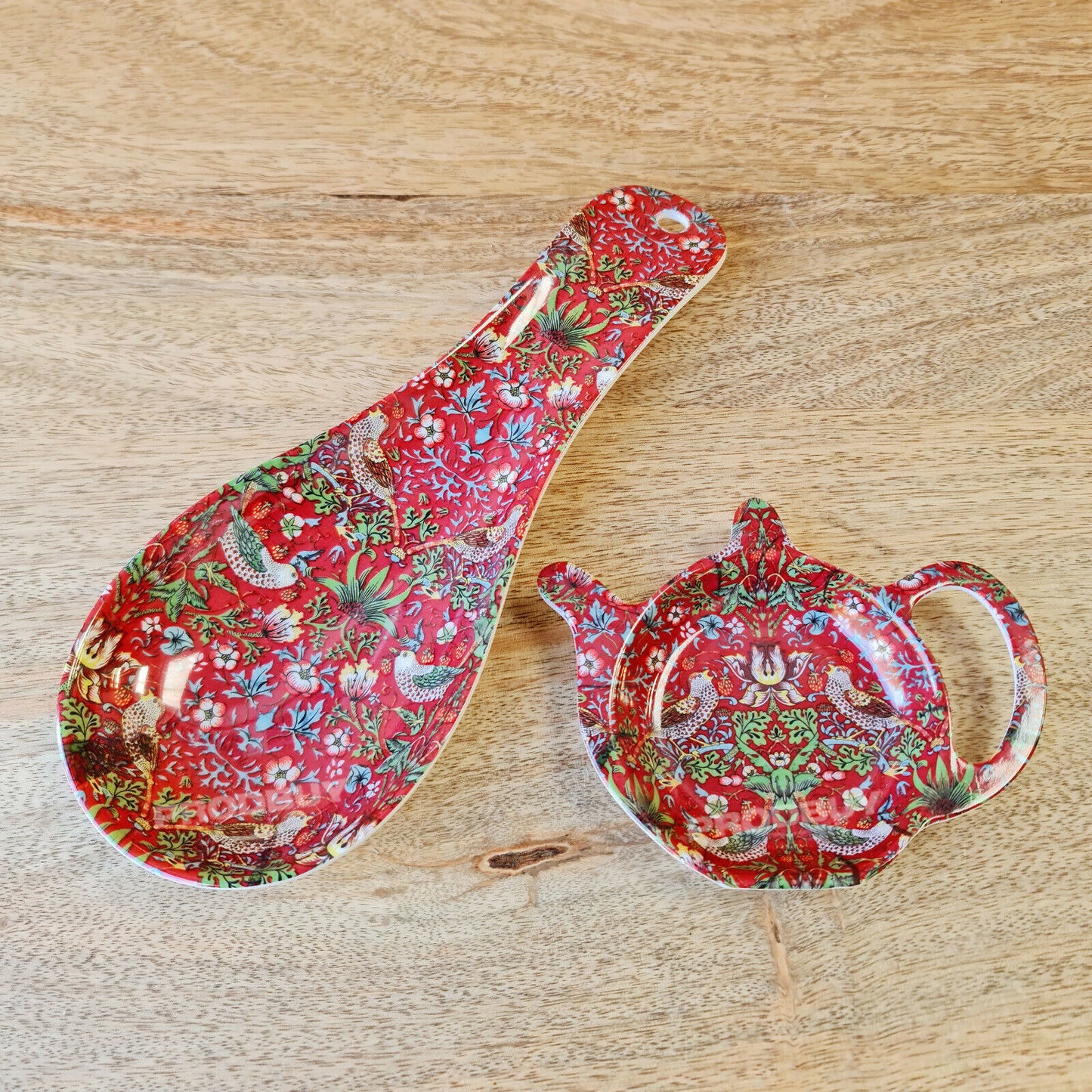 2 Piece William Morris Strawberry Thief Red Vintage Floral Melamine Tea Bag Tidy Spoon Rest Set