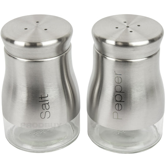 Brushed Stainless Steel Glass Salt and Pepper Pots Shakers Mills Cruet Set Jars