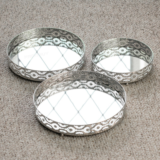 Set of 3 Vintage Round Mirror Glass Candle Plates Display Trays