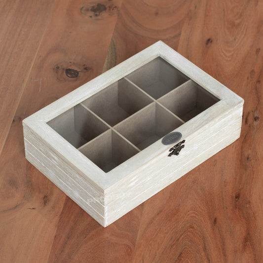 Rustic Wooden 6 Compartment Teabag Organiser Box with Glass Lid