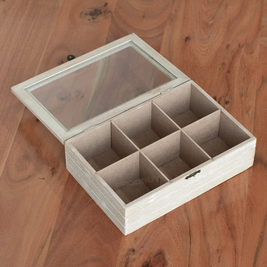 Rustic Wooden 6 Compartment Teabag Organiser Box with Glass Lid