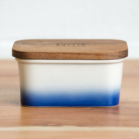 Blue Ombere Glaze Butter Storage Dish Wood Lid Covered Dining Table Serving Bowl