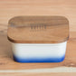 Blue Ombere Glaze Butter Storage Dish Wood Lid Covered Dining Table Serving Bowl