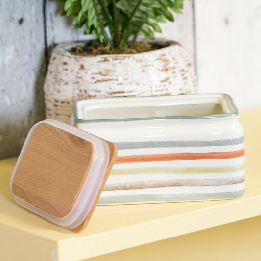 Striped Country Kitchen Ceramic Butter Serving Storage Dish with Wooden Lid