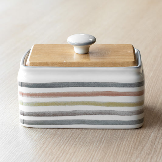 Striped Country Kitchen Butter Dish with Wooden Lid