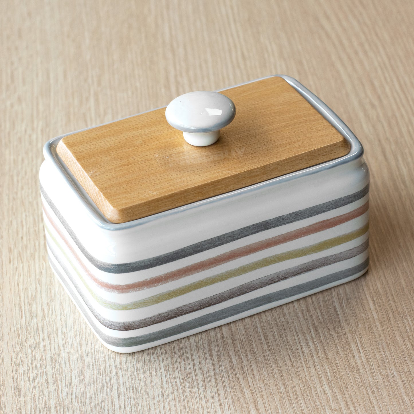 Striped Country Kitchen Butter Dish with Wooden Lid