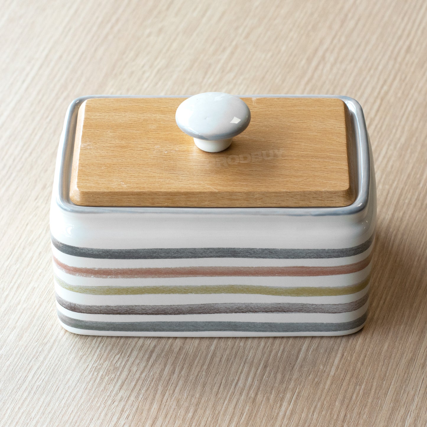 Striped Country Kitchen Butter Dish with Wooden Lid