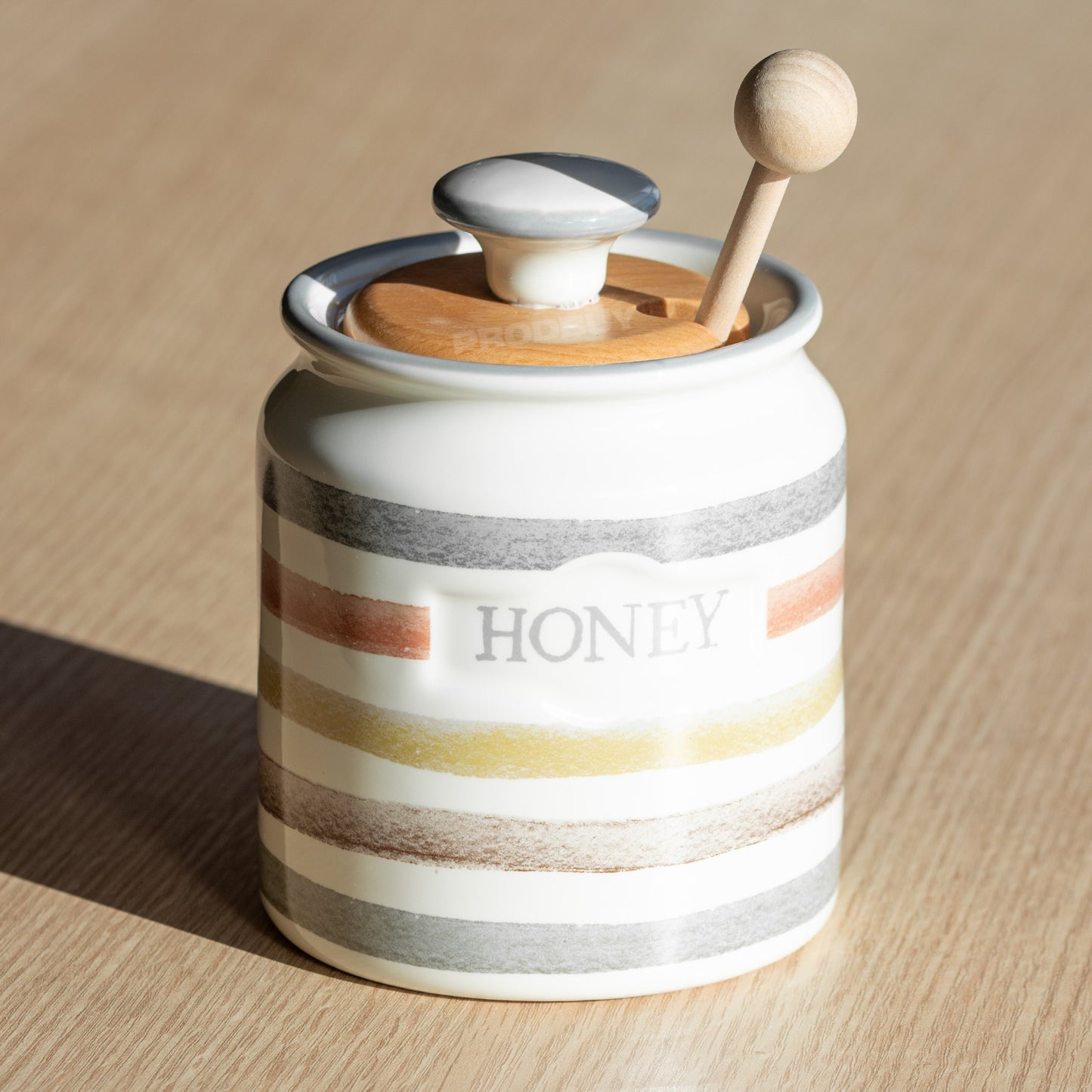 Small Striped Honey Pot with Wooden Lid & Dipper