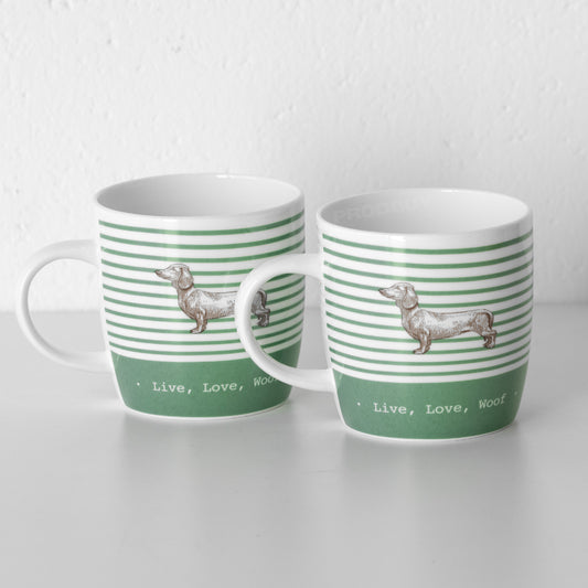 Set of 2 Green Striped 'Live Love Woof' Coffee Mugs