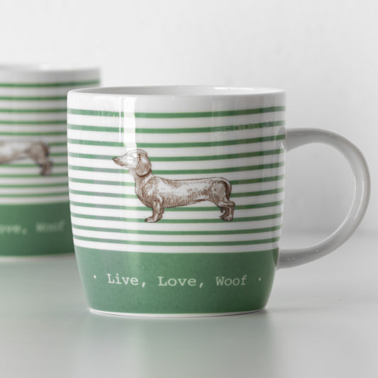 Set of 2 Green Striped 'Live Love Woof' Coffee Mugs