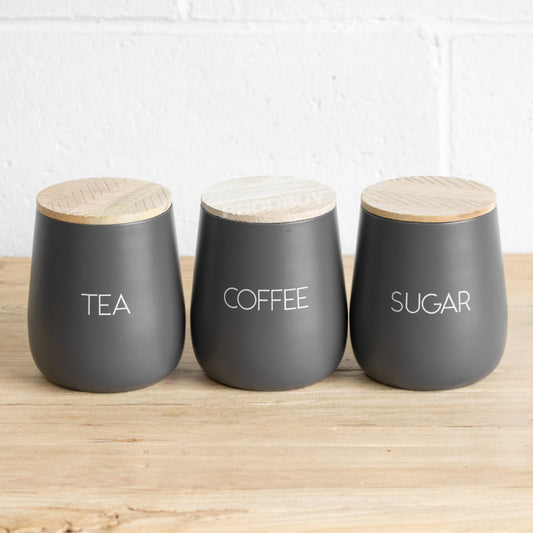 Grey Tea Coffee Sugar Canisters with Wooden Lids