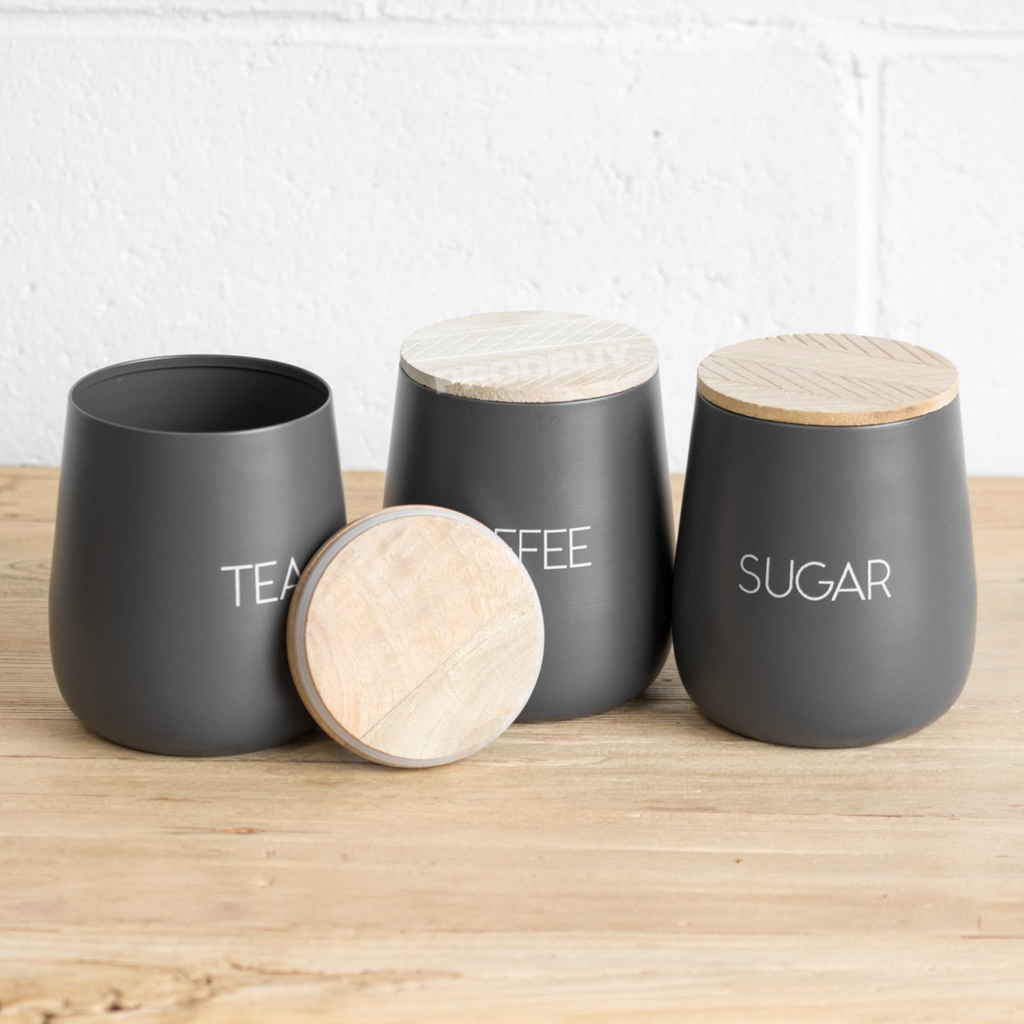Grey Tea Coffee Sugar Canisters with Wooden Lids