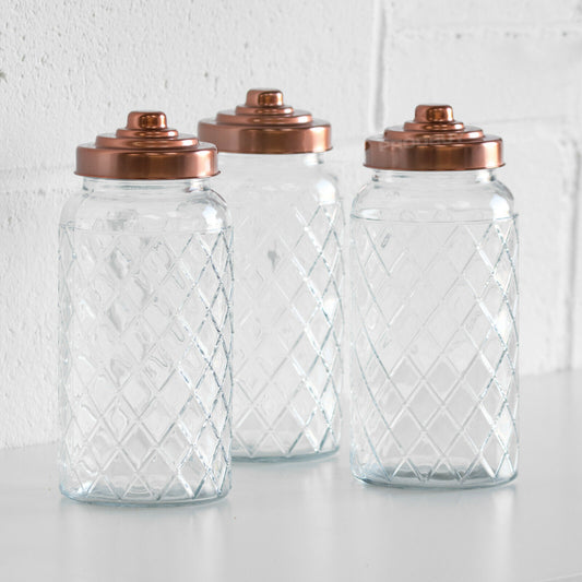 Set of 3 Tall Copper Lid Glass Storage Jars