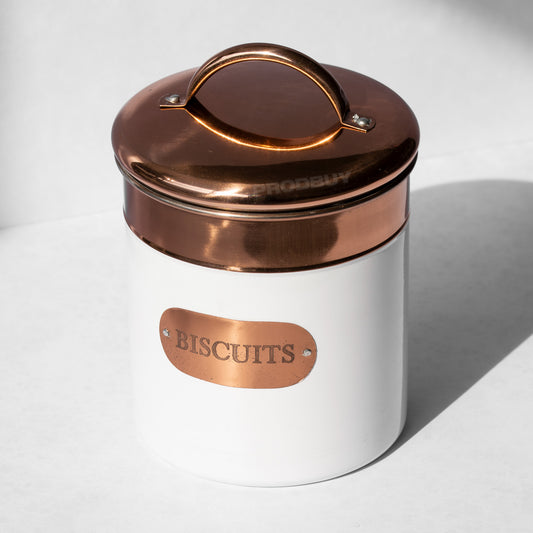 White & Copper Biscuit Storage Tin